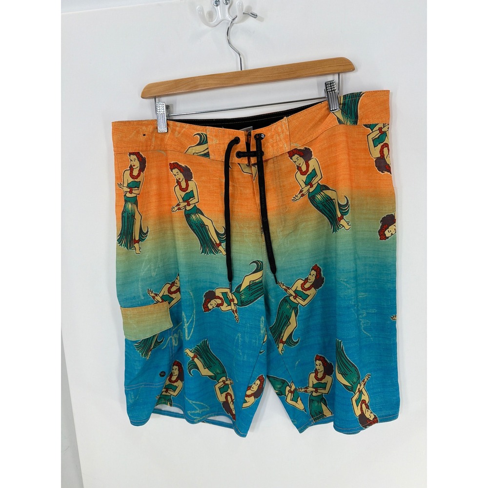 Hang Ten Mens Board Shorts Size 36 Hula Girl Aloha Sunset Ombre Blue Orange Swim